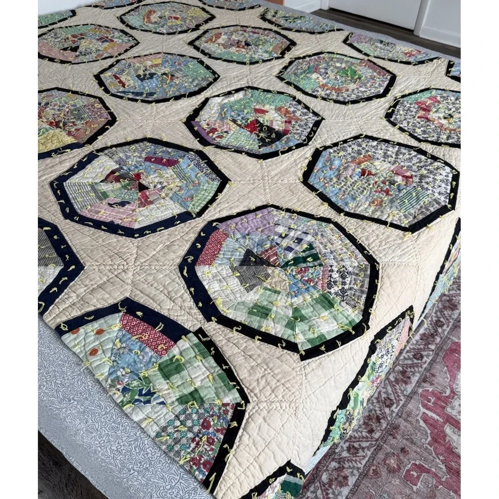 Vintage Handmade Spider Web String Quilt Hand Tied Scrap Patchwork Rare